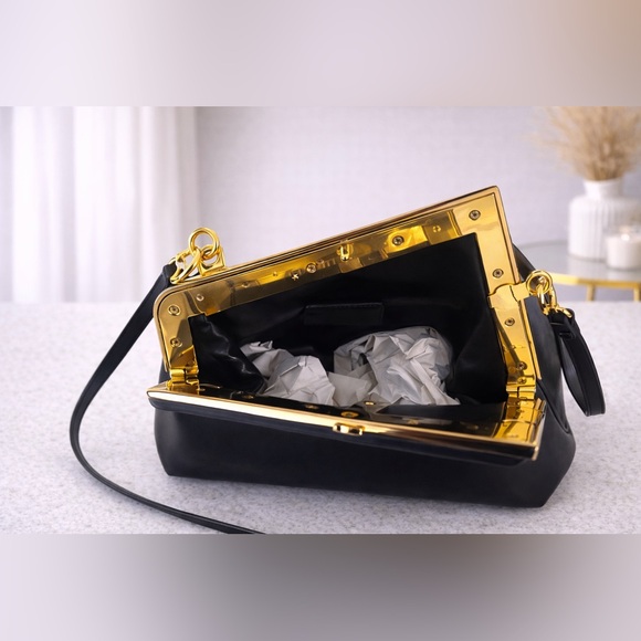 Black Designer-Inspired Crossbody Handbag | Gold Frame Clutch Purse - Picture 3 of 6